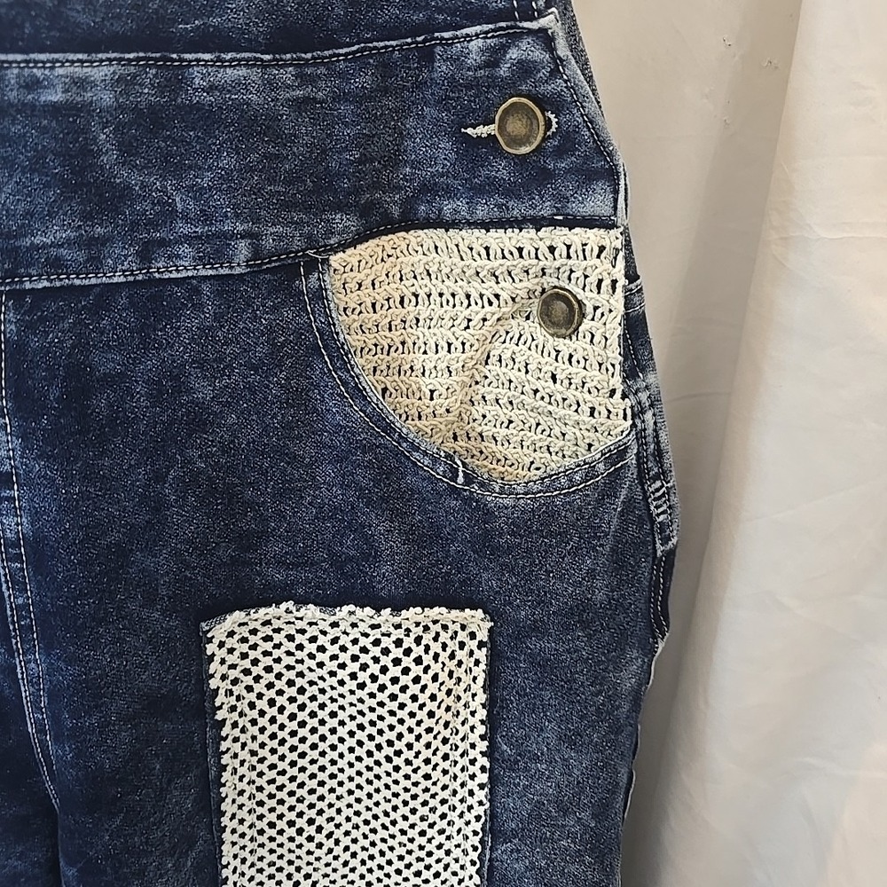 POL Denim Dark Wash Overalls Wide Leg Crochet Patchwork Size S NWT Boho - Picture 6 of 16